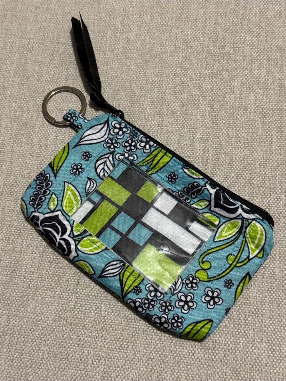 LIKE NEW Floral ID Mini Wallet-With Key Chain/Lanyard Ring-Green/Blue-ZipTop